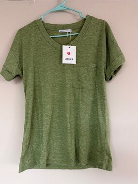 MIHOLL Women's Olive V-Neck Short Sleeve Pocket Tee
